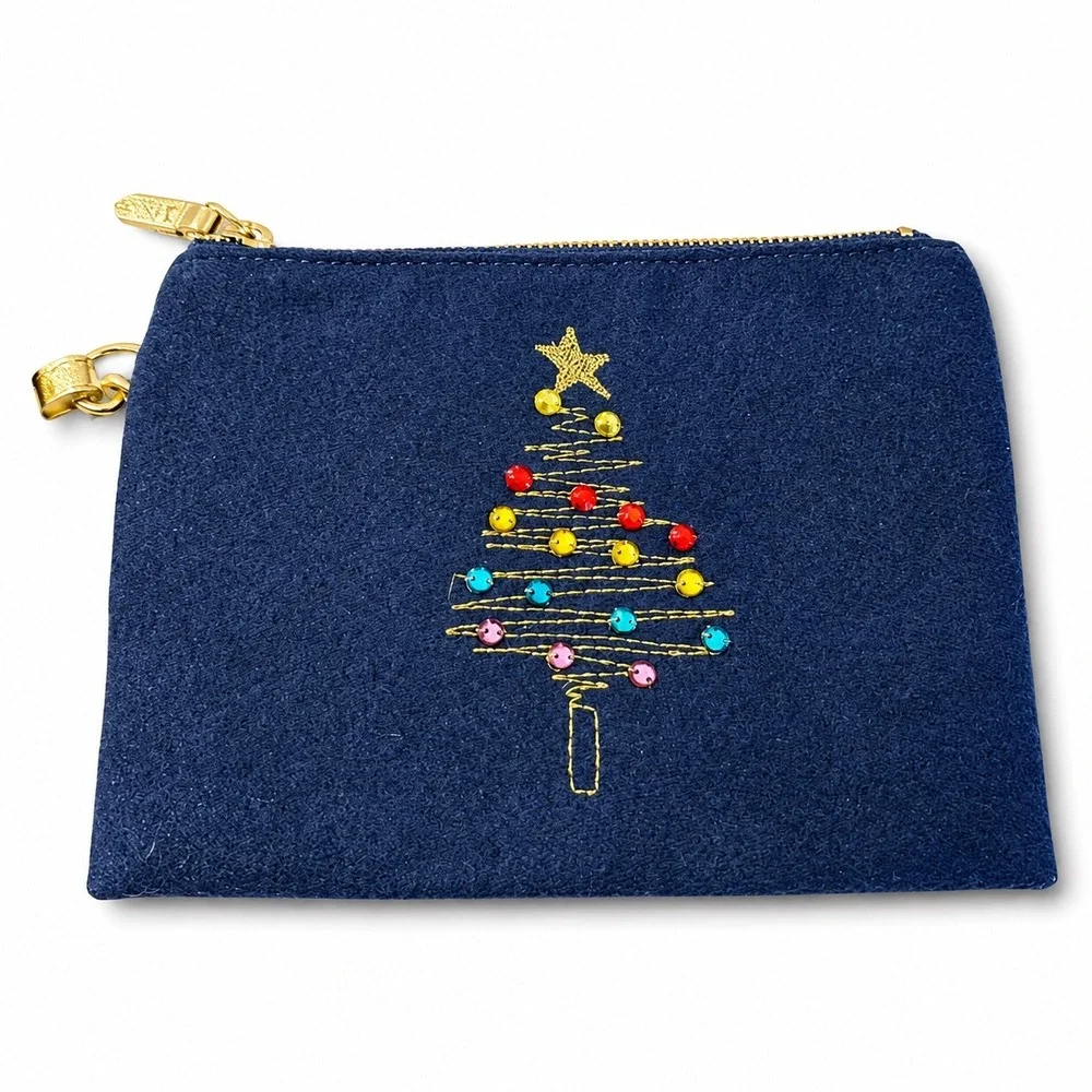 Talbots Navy Blue Velvet Christmas Tree Rhinestone Wristlet Bag Gold Accents